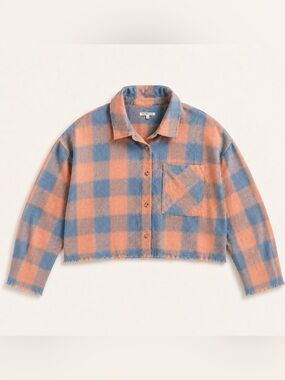 Mimosa Peach Blue Plaid Frayed Raw-Hem Crop Flannel Size S